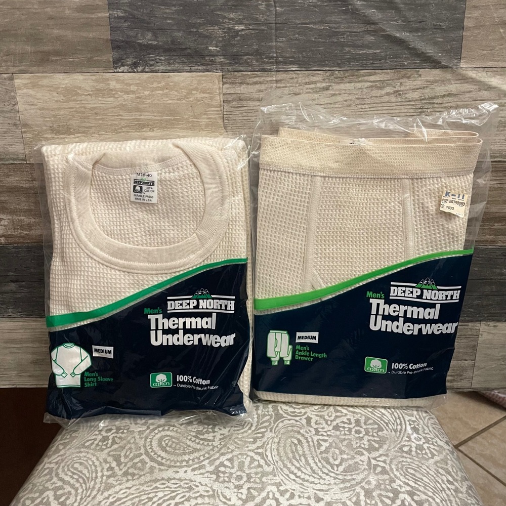 Deep North Thermal Underwear Set Mens Medium 100% Cotton Waffle Knit Made in USA